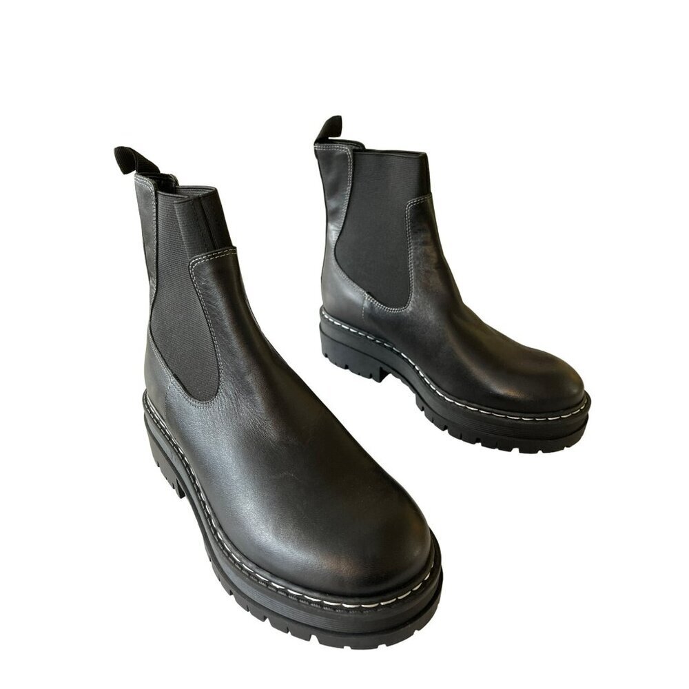 Marc Fisher Patrick Black Leather Chelsea Boots Lug Sole Elastic Sz 6 NEW